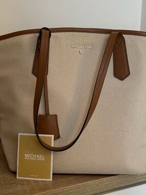 Michael Kors Beige Canvas Tote with Brown Leather Trim and Straps